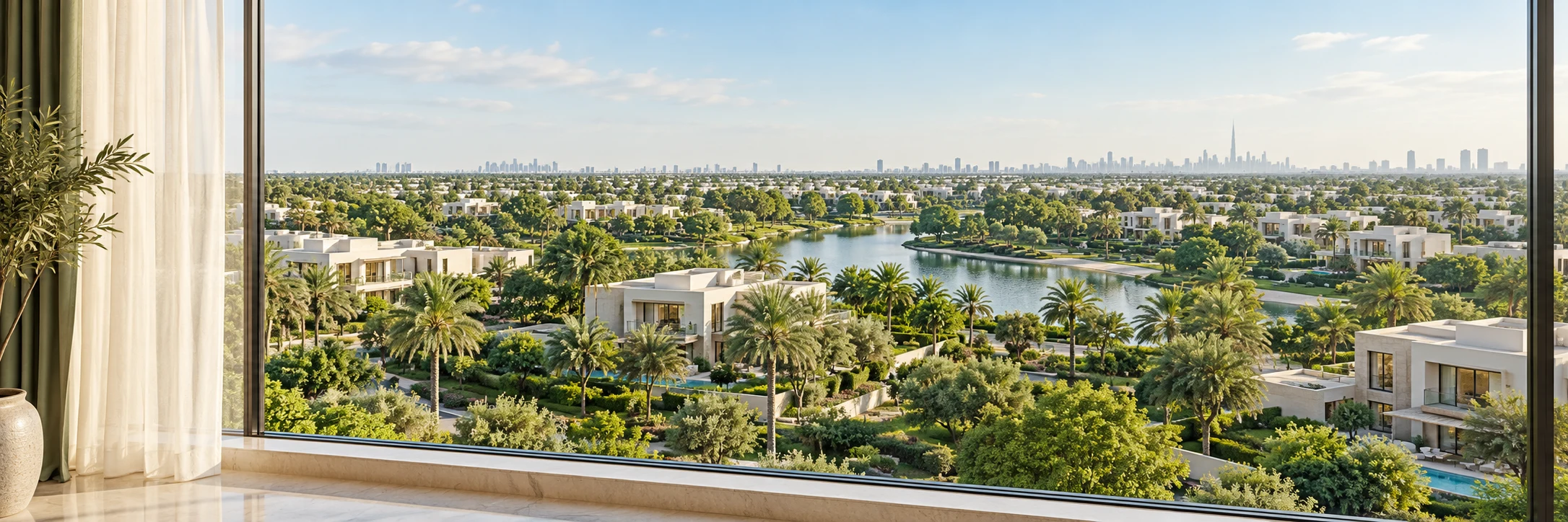 A panoramic window overlooking lush landscaped villas