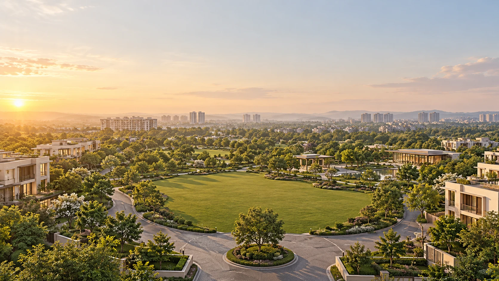 Sunlit landscaped residential neighborhood